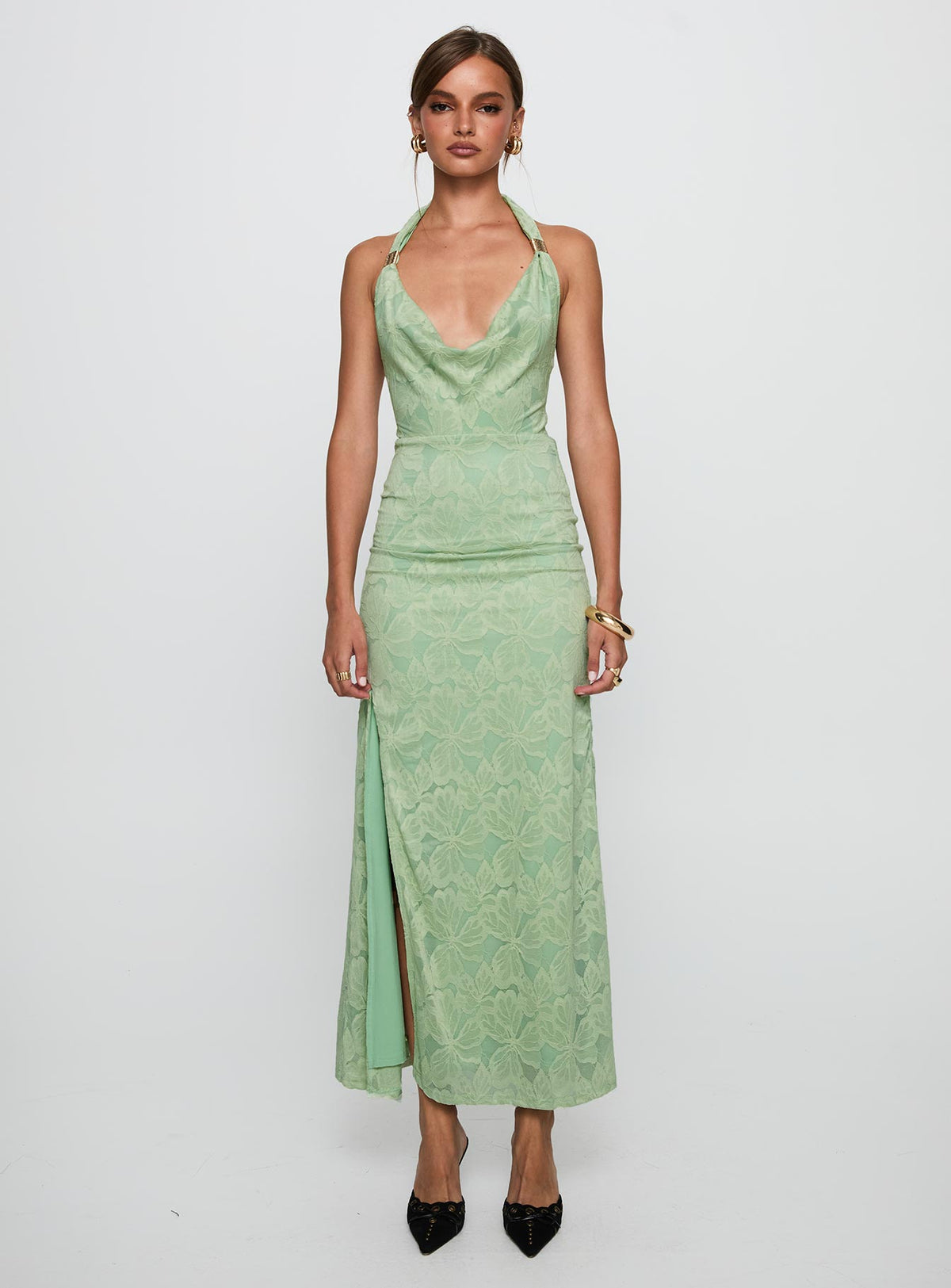 front view of model wearing Princess Polly Starfall Halter Maxi Dress Sage Cowl Neck 