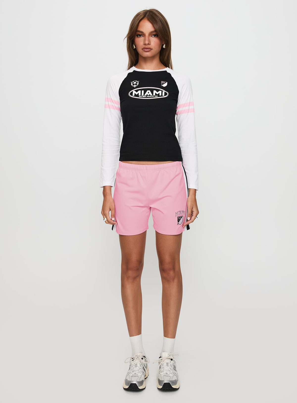 front view of model wearing Princess Polly Bend It Athletic Shorts Pink Low Rise Shorts 