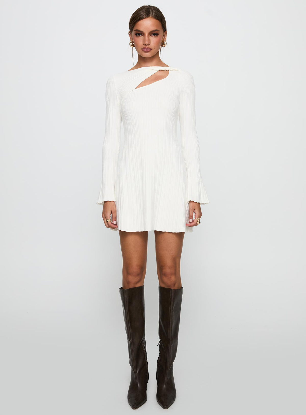front view of model wearing Princess Polly Terraces Long Sleeve Mini Dress White High Neck 