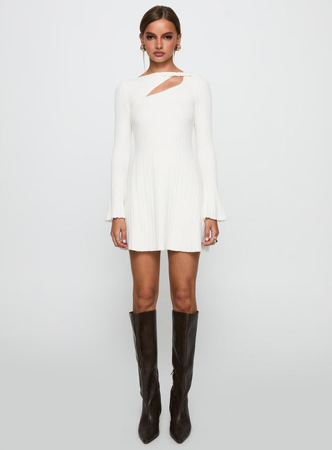 front view of model wearing Princess Polly Terraces Long Sleeve Mini Dress White High Neck 