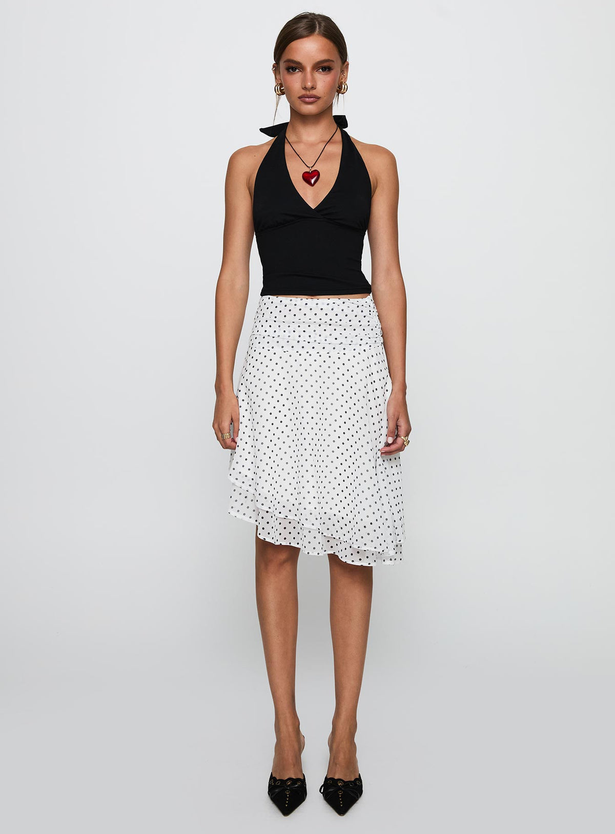   front view of model wearing Princess Polly Evanescence Asymmetrical Midi Skirt White / Polka Dot Midi Skirts 