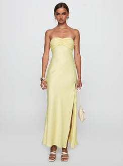 front view of model wearing Princess Polly Chevalier Strapless Maxi Dress Lemon Sweetheart Neckline 