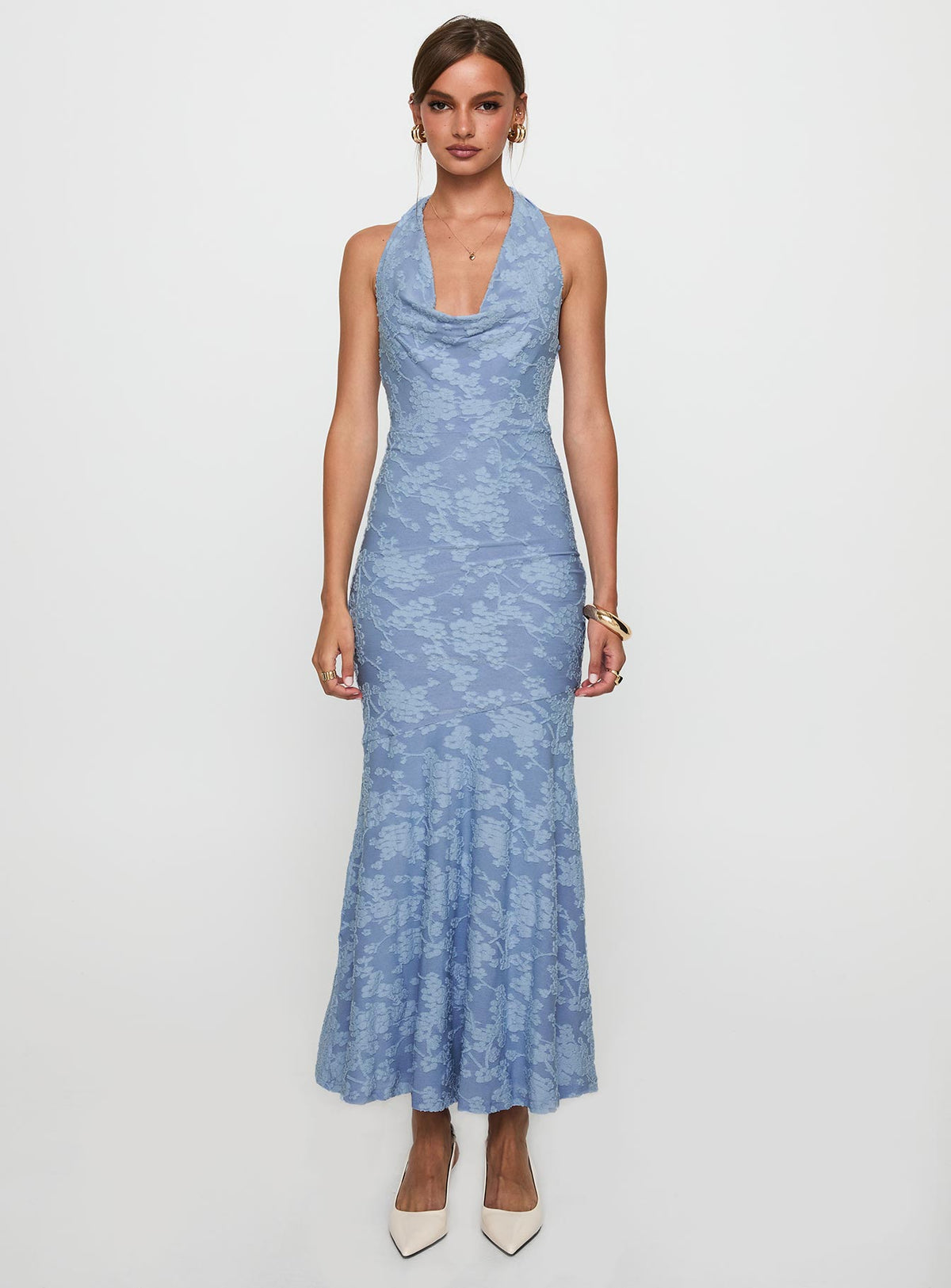 front view of model wearing Princess Polly Aymie Halter Maxi Dress Blue Cowl Neck 