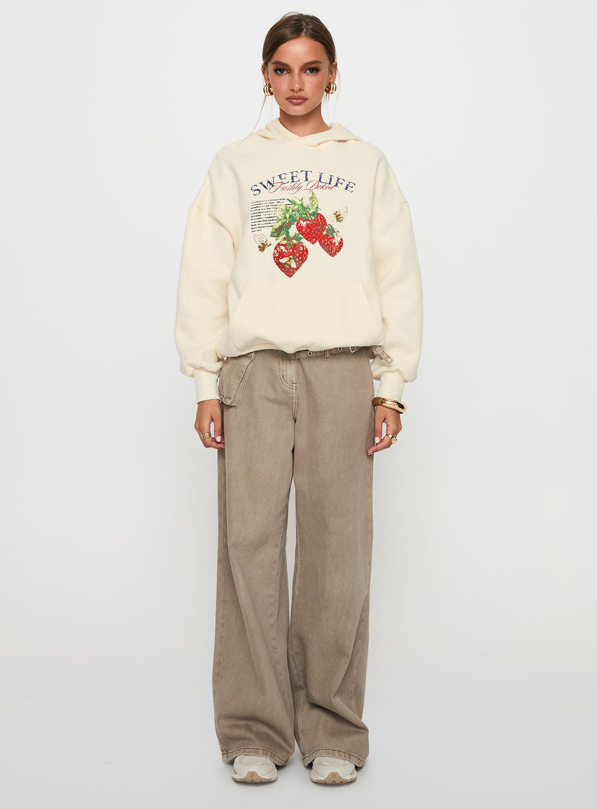front view of model wearing Princess Polly Sweet Life Graphic Sweater Cream Longline Jumpers Jumpers 