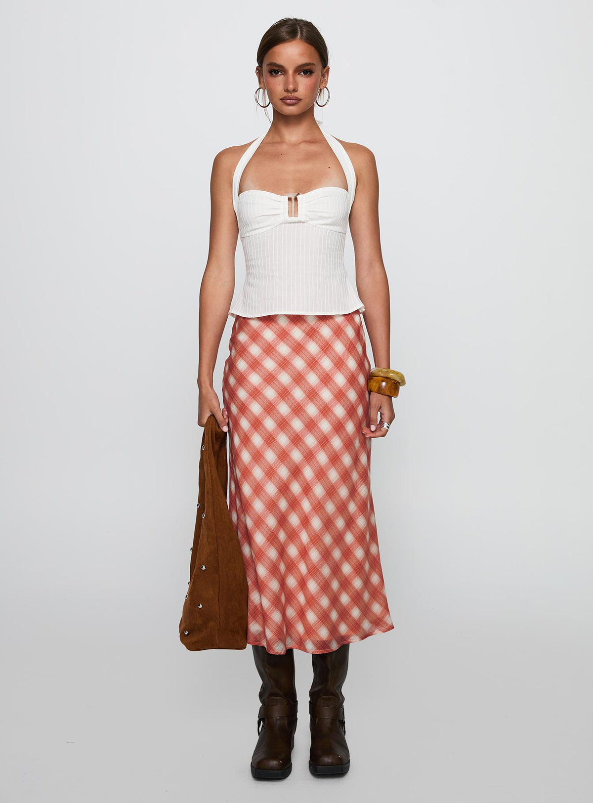   side view of model wearing Princess Polly Living Color Maxi Skirt Orange Gingham Midi Skirts Skirts 