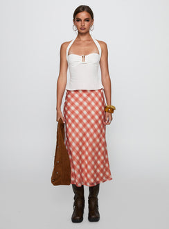   side view of model wearing Princess Polly Living Color Maxi Skirt Orange Gingham Midi Skirts Skirts 