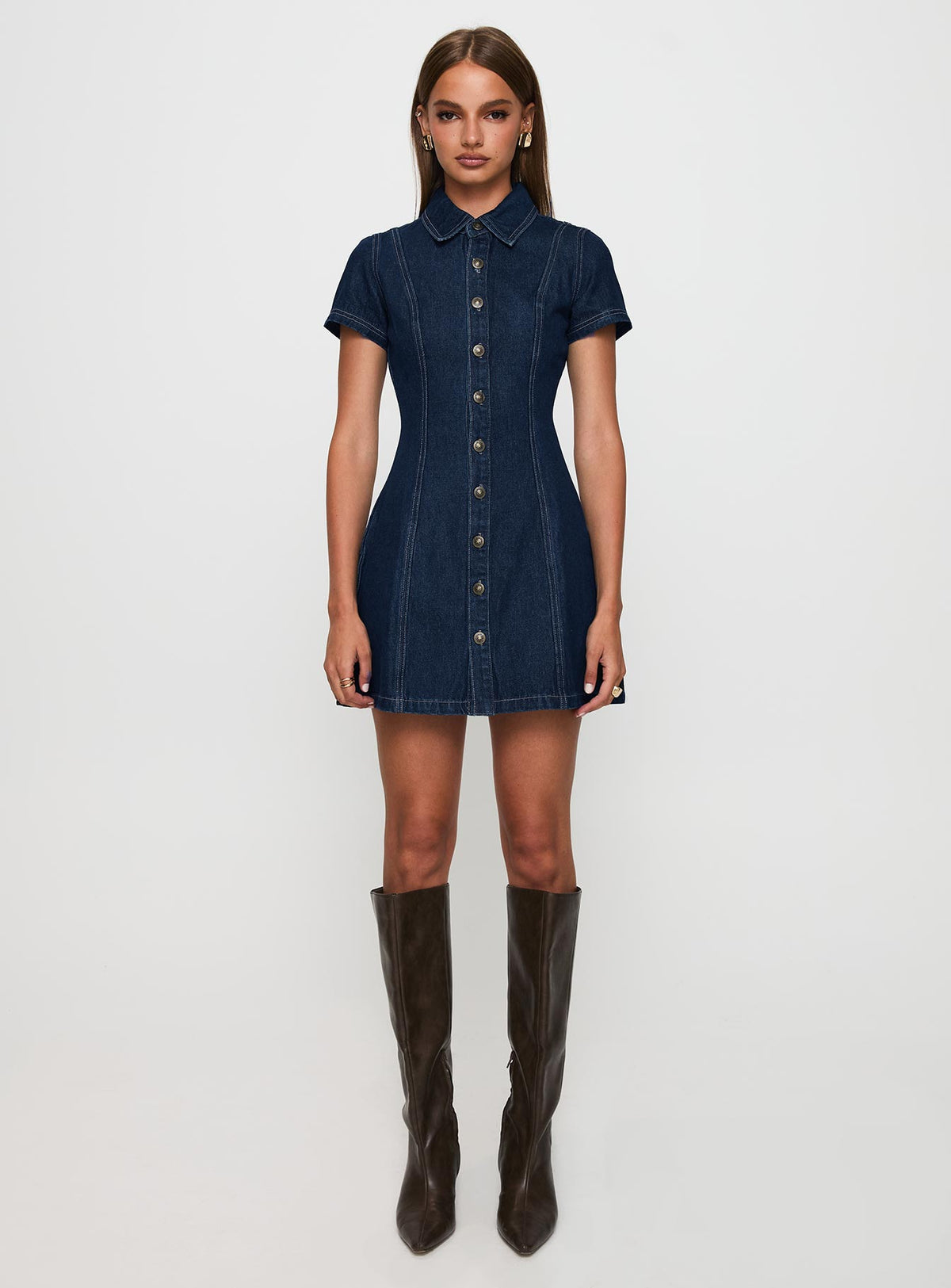 side view of model wearing Princess Polly Perception Denim Mini Dress Mid Wash High Neck 