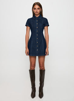 side view of model wearing Princess Polly Perception Denim Mini Dress Mid Wash High Neck 