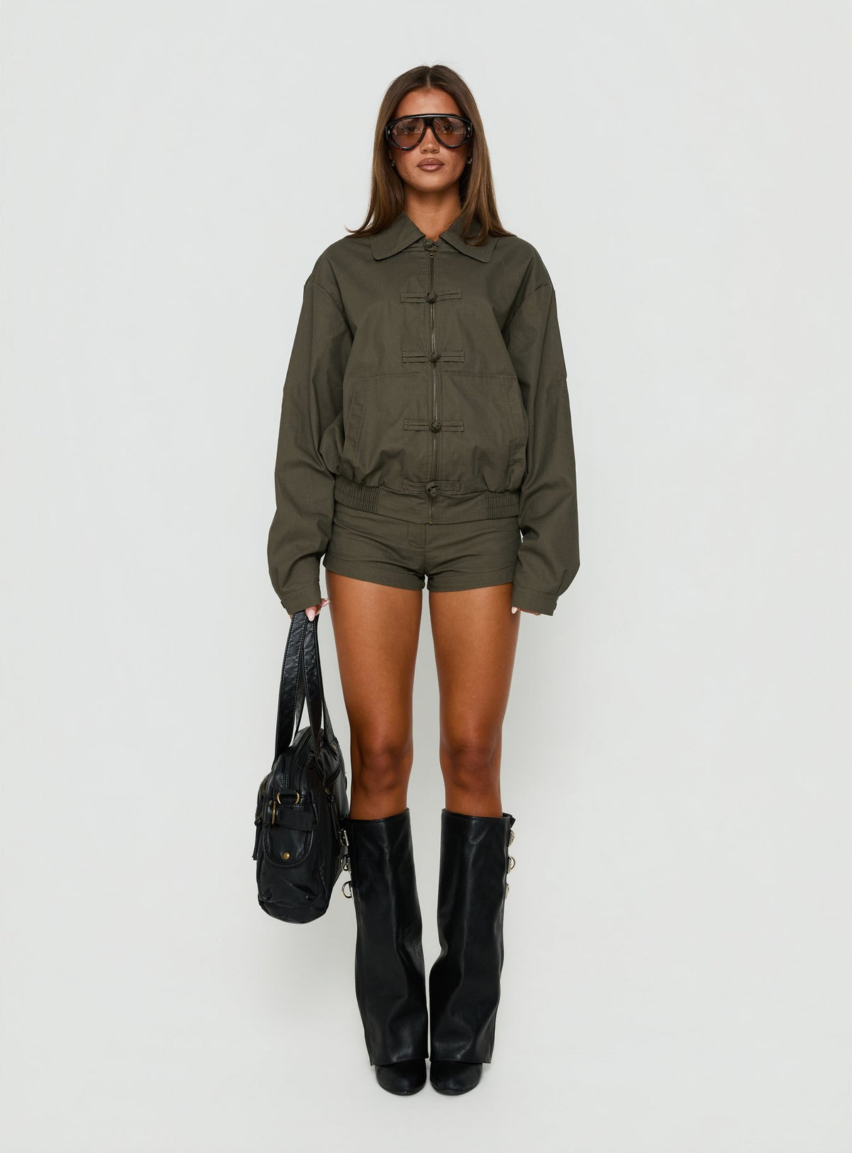Satchie Utility Frog Closure Bomber Jacket Khaki
