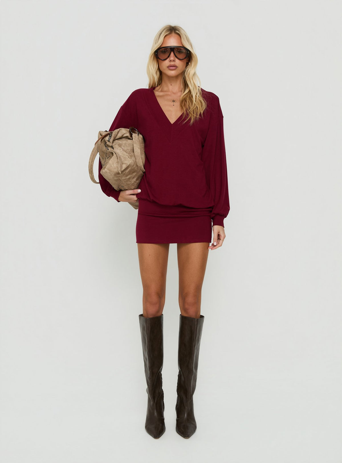 Solena Blouson V Neck Knit Mini Dress Burgundy