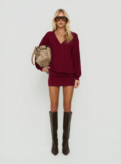 Solena Blouson V Neck Knit Mini Dress Burgundy