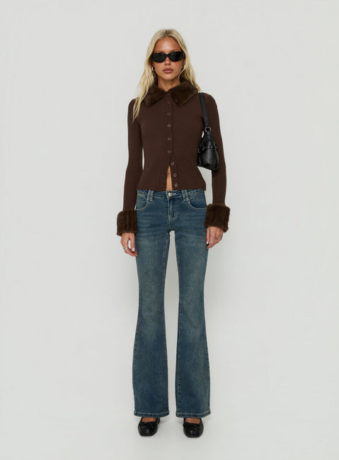 Discover the Chiqueeta Faux Fur Trim Knit Cardigan in chocolate womens-jumpers featuring short length front view of model wearing Princess Polly
