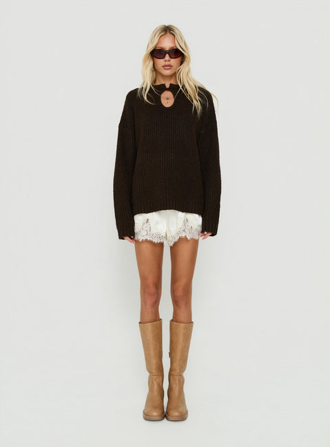 Carluna Keyhole Oversized Knit Sweater Brown