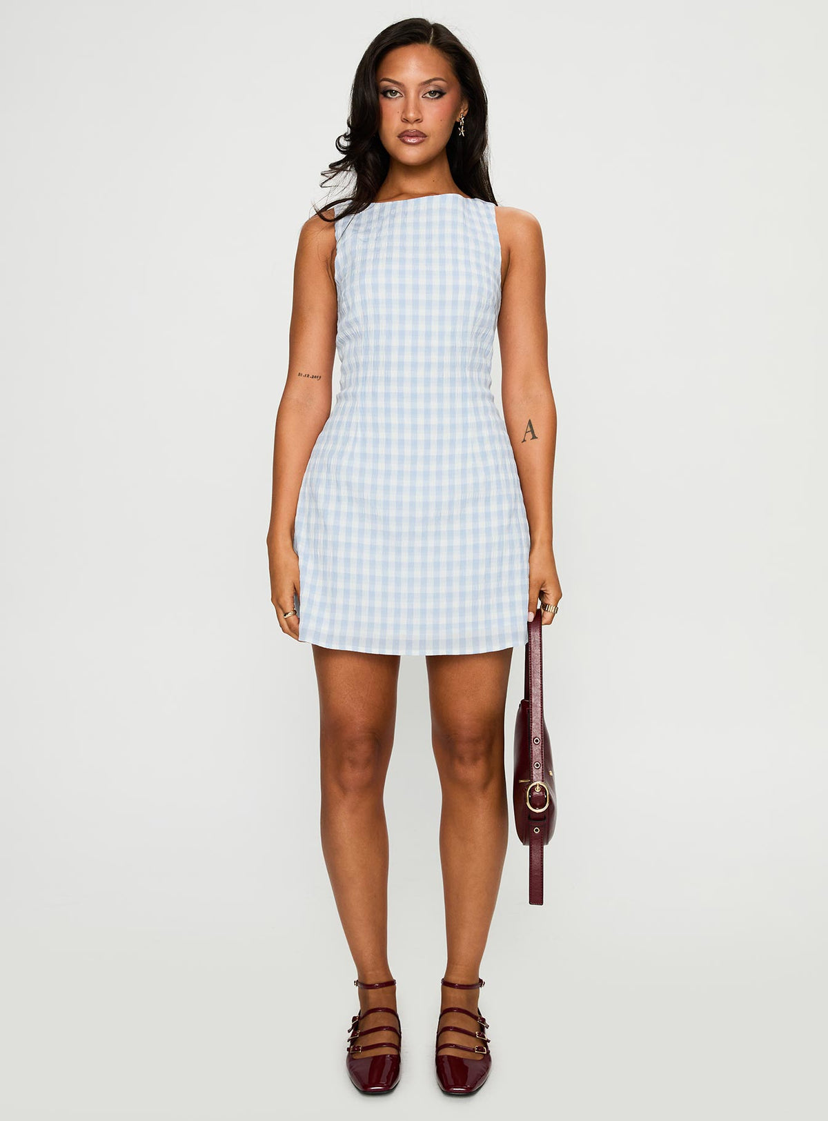 front view of model wearing Princess Polly Alfalfa Mini Dress Blue Check Crew Neck 