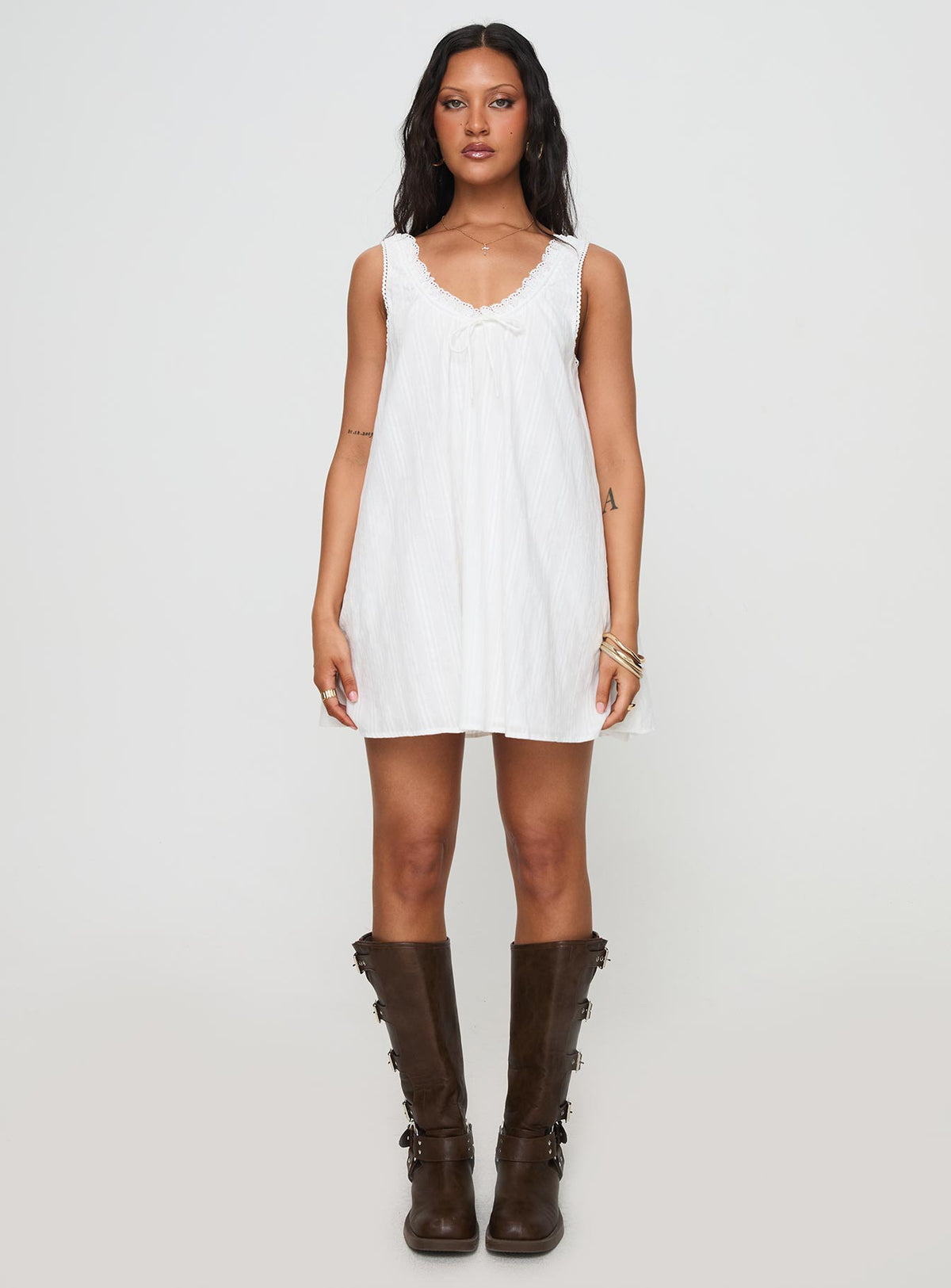 front view of model wearing Princess Polly Antiquity Swing Mini Dress White Petite V-Neck 