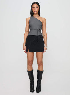   front view of model wearing Princess Polly Wait Up Denim Wrap Mini Skirt Washed Black Mini Skirts Skirts 