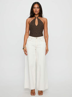 side view of model wearing Princess Polly Libbey Hardware Detail Textured Bodysuit Brown Sleeveless Bodysuit 