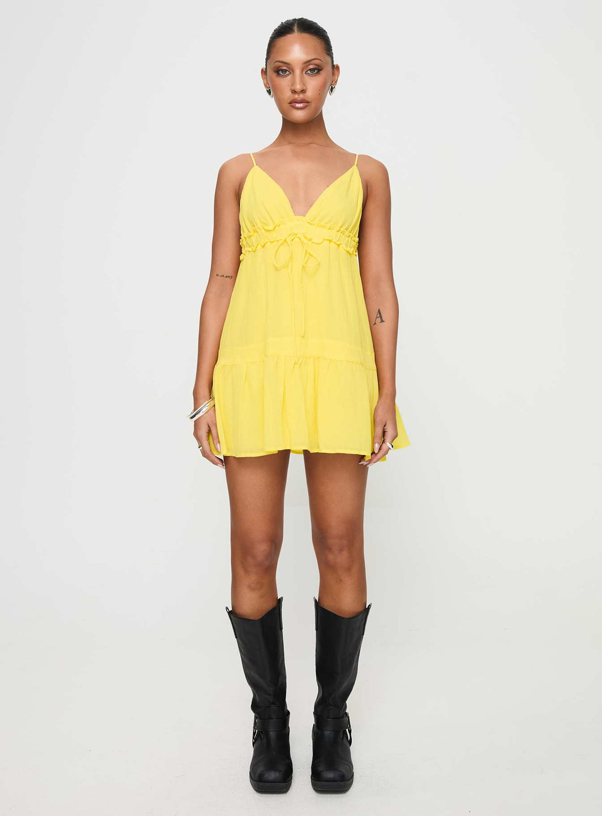 front view of model wearing Princess Polly Dionne Mini Dress Lemon Plunger 