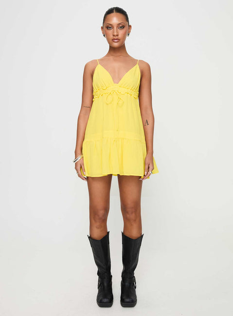 front view of model wearing Princess Polly Dionne Mini Dress Lemon Plunger 