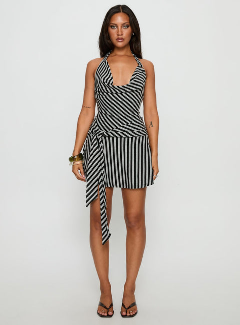 Terika Plunge Neck Halter Mini Dress Grey / Black