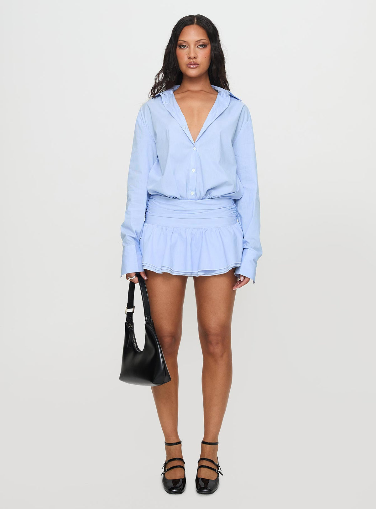 front view of model wearing Princess Polly Girls Girls Girls Mini Dress Blue V-Neck 