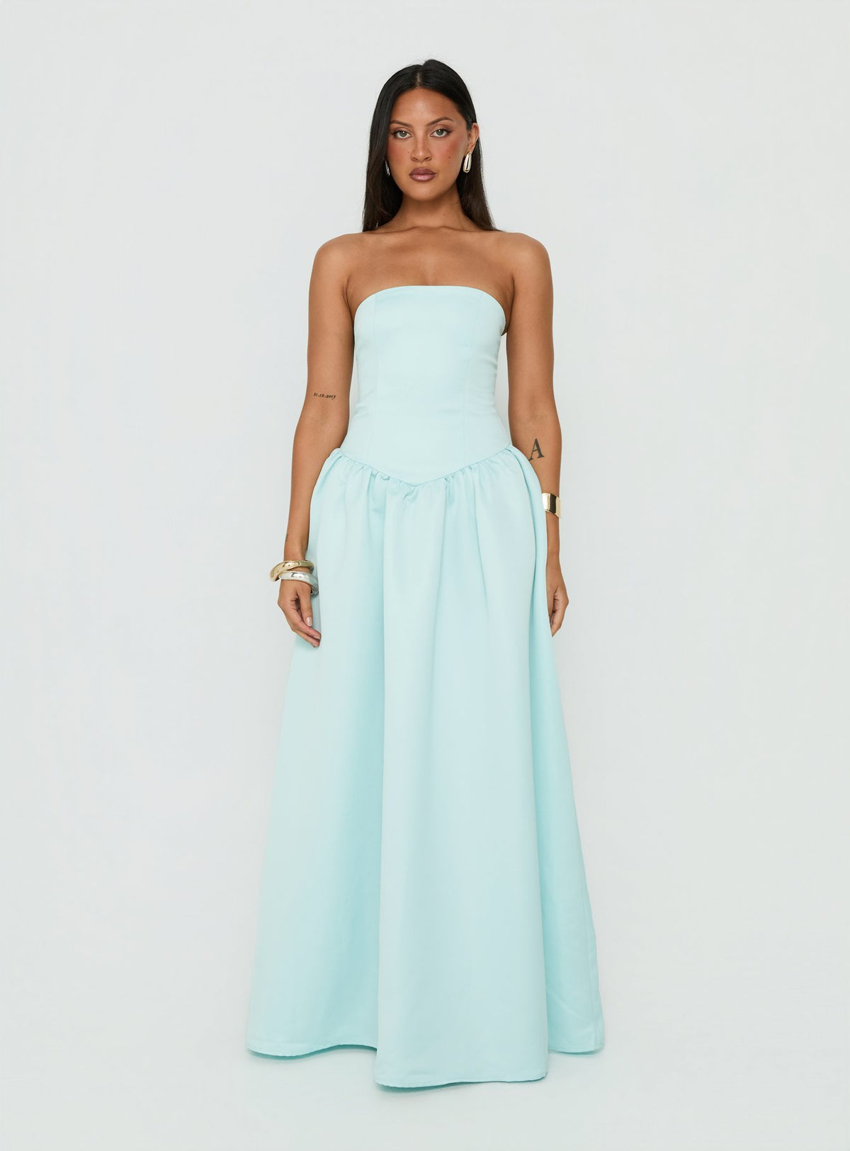 Soft Bloom Drop Waist Strapless Maxi Dress Blue