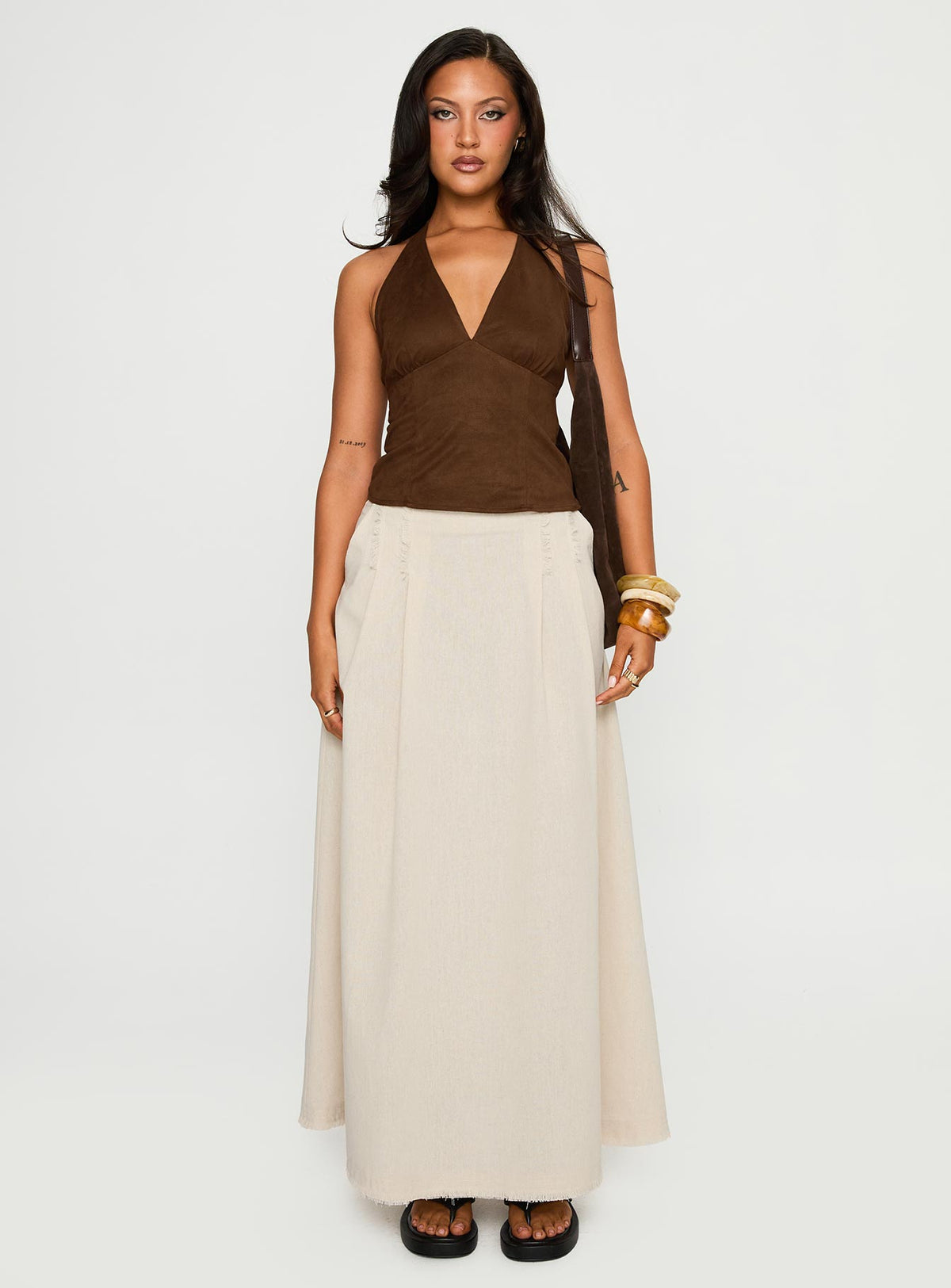   side view of model wearing Princess Polly Bohemian Spirit Maxi Skirt Beige Maxi Skirts Skirts 