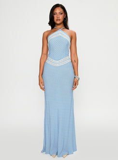 front view of model wearing Princess Polly Wild Joy Halter Maxi Dress Blue Polka Asymmetric Neckline 