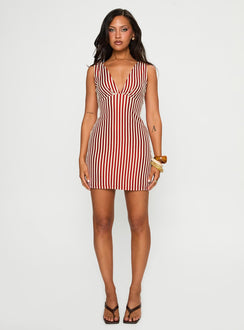 front view of model wearing Princess Polly Daphney Plunge Mini Dress Red / Cream Plunger 