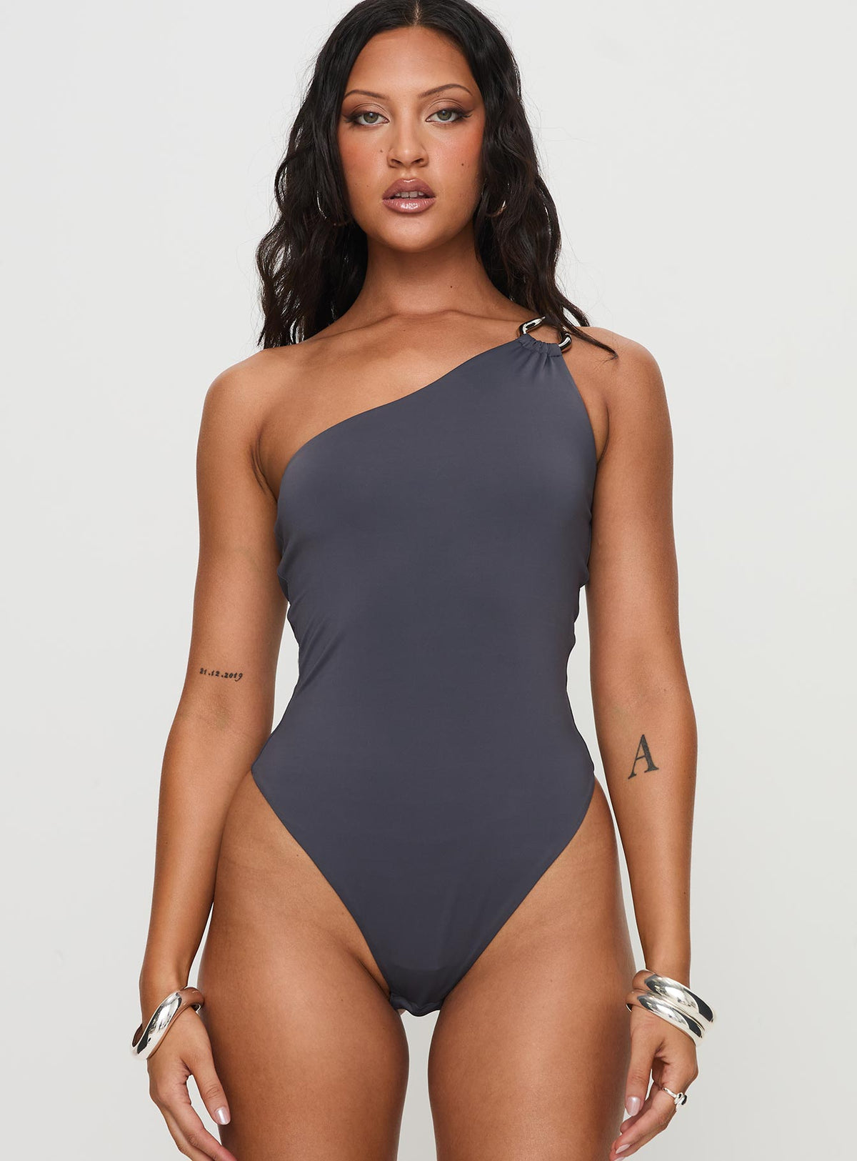 front view of model wearing Princess Polly Talija One Shoulder Bodysuit Slate Sleeveless Bodysuit 
