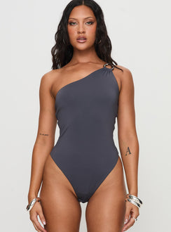 front view of model wearing Princess Polly Talija One Shoulder Bodysuit Slate Sleeveless Bodysuit 