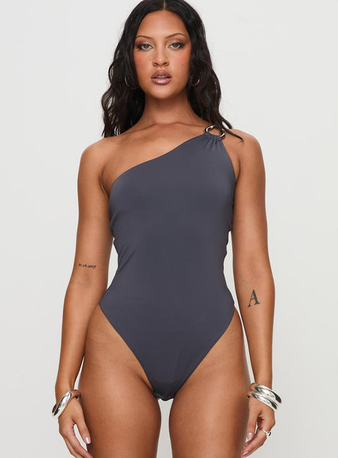 front view of model wearing Princess Polly Talija One Shoulder Bodysuit Slate Sleeveless Bodysuit 