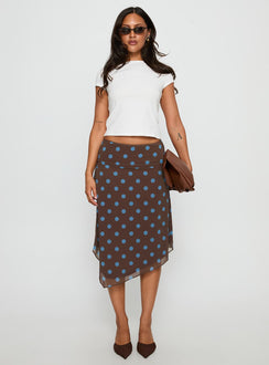   front view of model wearing Princess Polly Daphene Asymmetrical Midi Skirt Brown / Blue Polka Dot Midi Skirts Skirts 