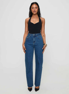 front view of model wearing Princess Polly Kalinda High Rise Straight Leg Jeans Mid Blue High Rise Jeans Jeans 