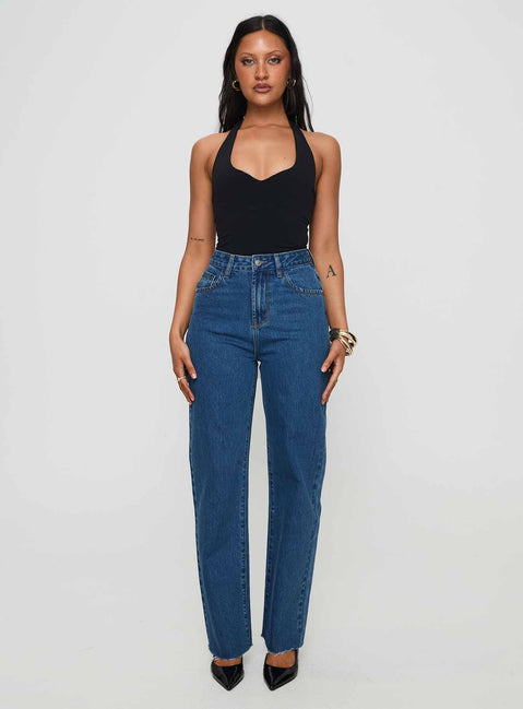 front view of model wearing Princess Polly Kalinda High Rise Straight Leg Jeans Mid Blue High Rise Jeans Jeans 
