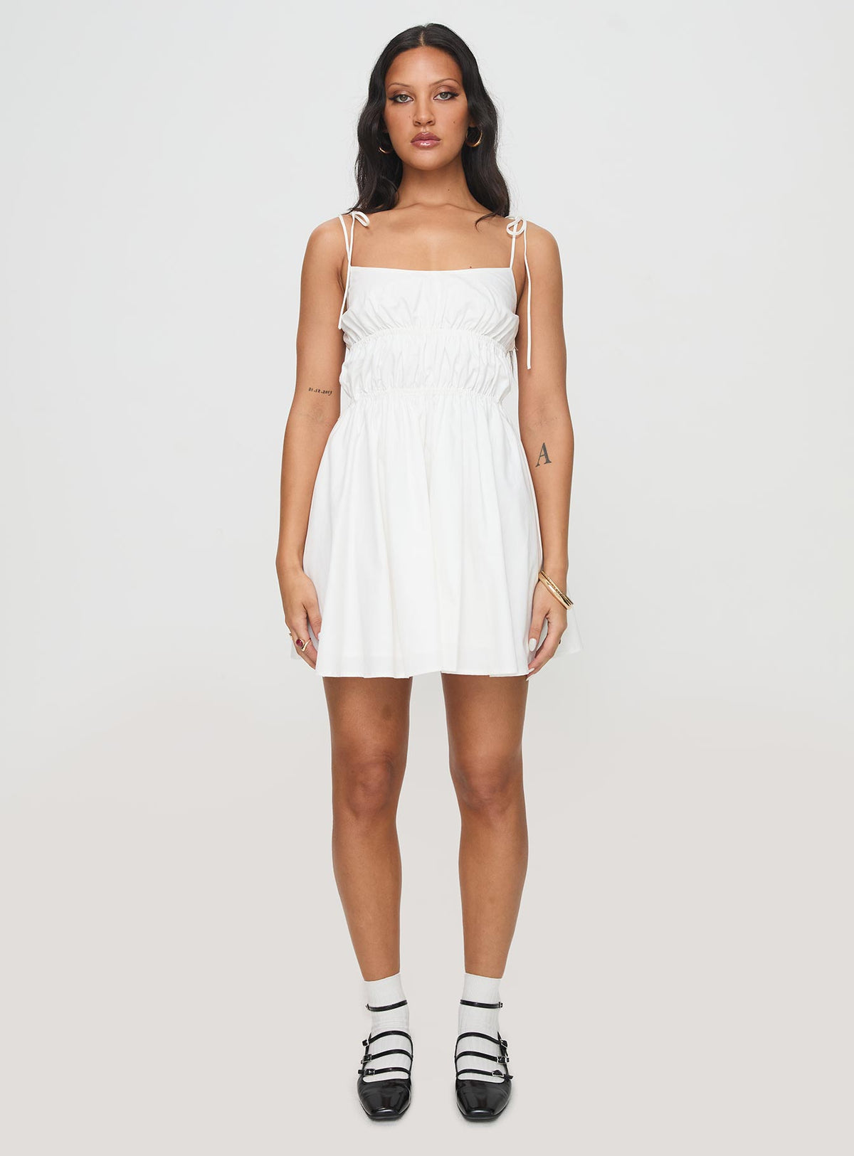 front view of model wearing Princess Polly Jacksonne Mini Dress White Scoop Neck 