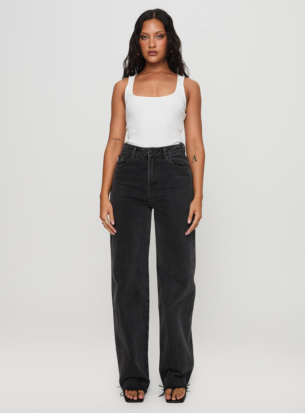 front view of model wearing Princess Polly Karlina High Rise Straight Leg Jean Charcoal High Waisted 