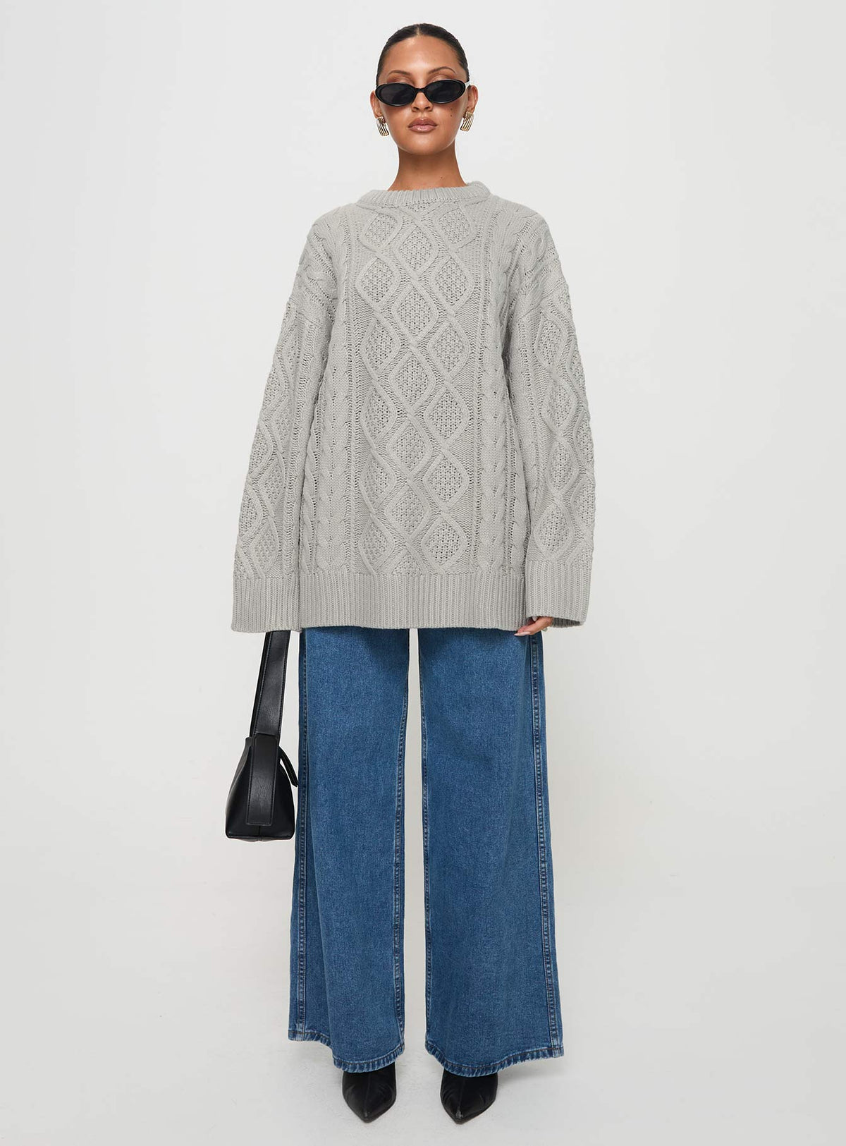 front view of model wearing Princess Polly Gigi Knit Sweater Cloud Longline Jumpers Jumpers 