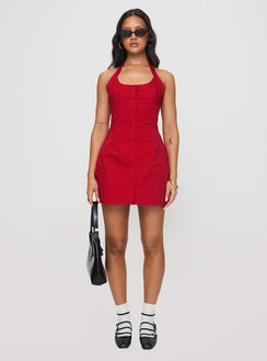 front view of model wearing Princess Polly Mallorie Halter Mini Dress Red Scoop Neck 