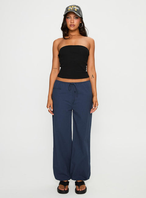 front view of model wearing Princess Polly Zodie Low Waist Pants Navy Low Rise Pants Pants 