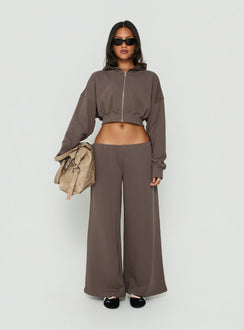 Featuring Kaeya Fleece Wide Leg Low Rise Pants Grey womens-regular-pants with low-rise waist front view of model wearing Princess Polly