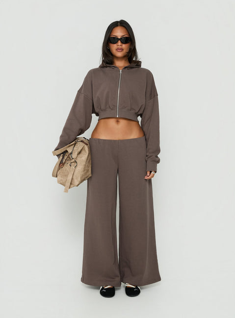 Featuring Kaeya Fleece Wide Leg Low Rise Pants Grey womens-regular-pants with low-rise waist front view of model wearing Princess Polly