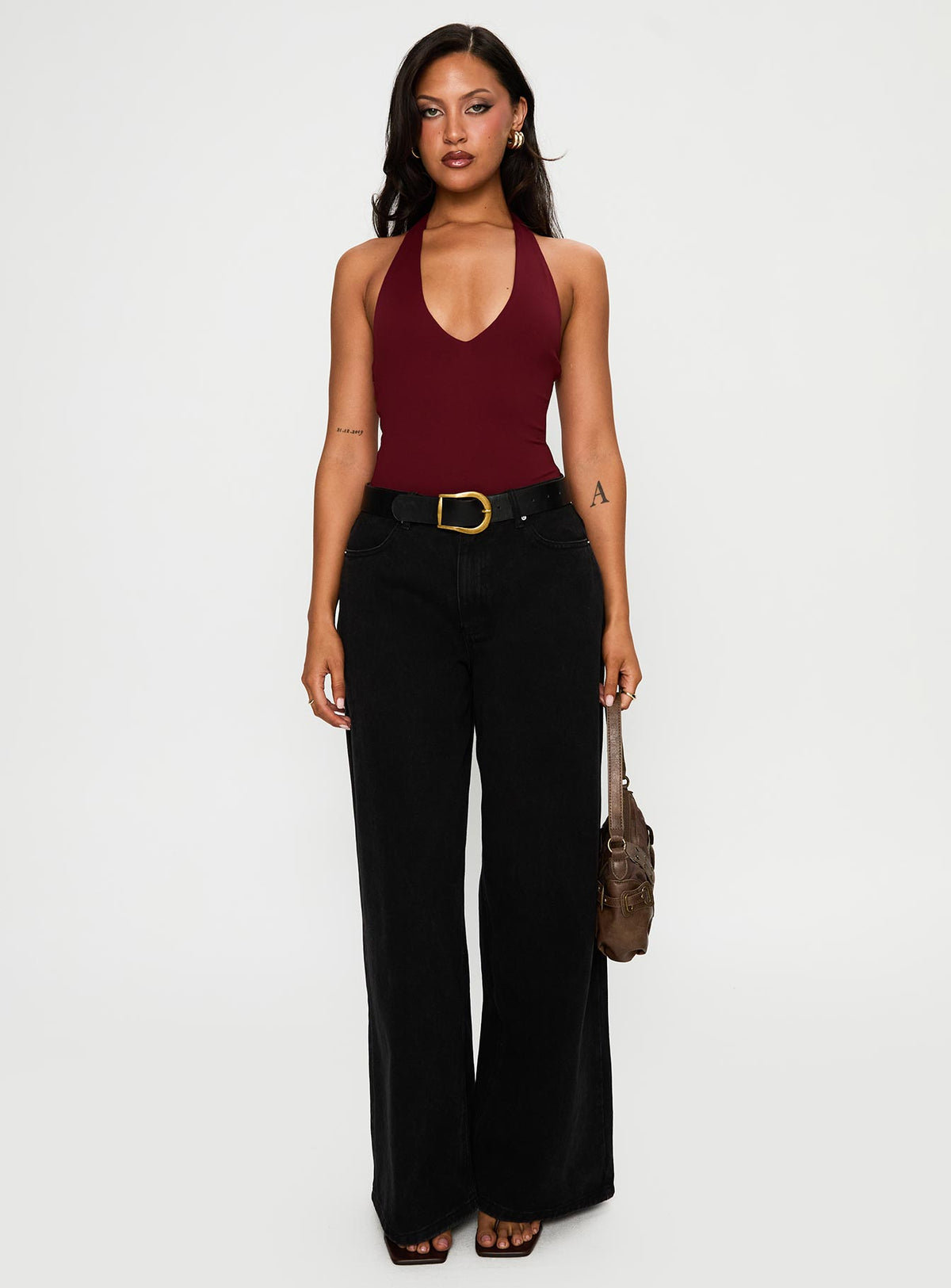 Someone New Halter Bodysuit Burgundy Sleeveless Bodysuit 