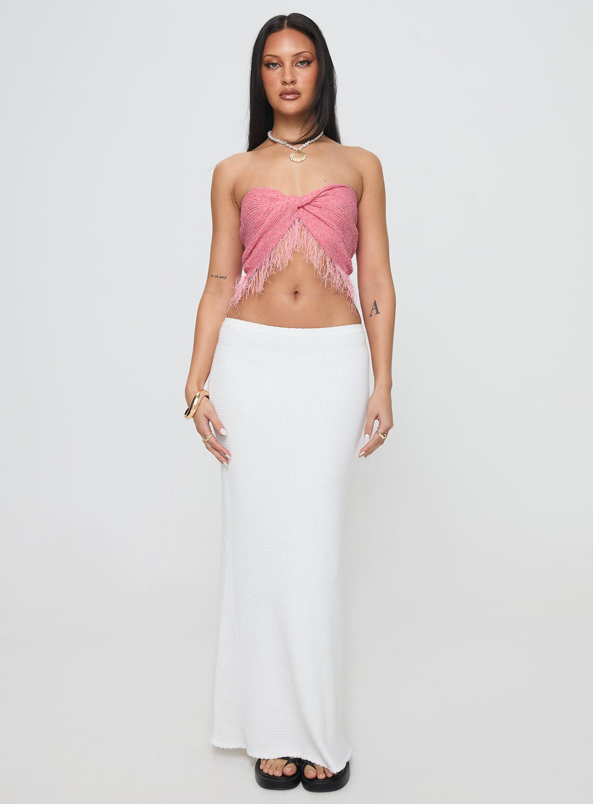 front view of model wearing Princess Polly Kovac Reversible Fringe Tube Top Pink Sleeveless Sweetheart 