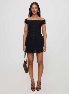 front view of model wearing Princess Polly Mirrorball Off The Shoulder Mini Dress Black Straight Neck 