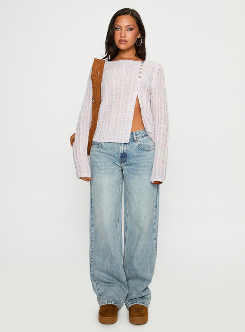 side view of model wearing Princess Polly Lenker Knit Jumper Lilac Cropped Jumpers Jumpers 