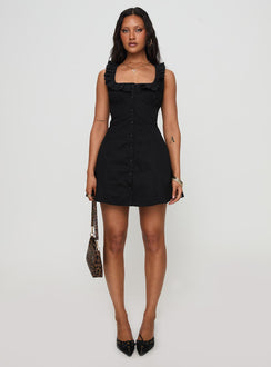 front view of model wearing Princess Polly Oliveah Frill Mini Dress Black Petite Square Neck 