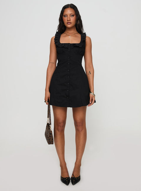front view of model wearing Princess Polly Oliveah Frill Mini Dress Black Petite Square Neck 