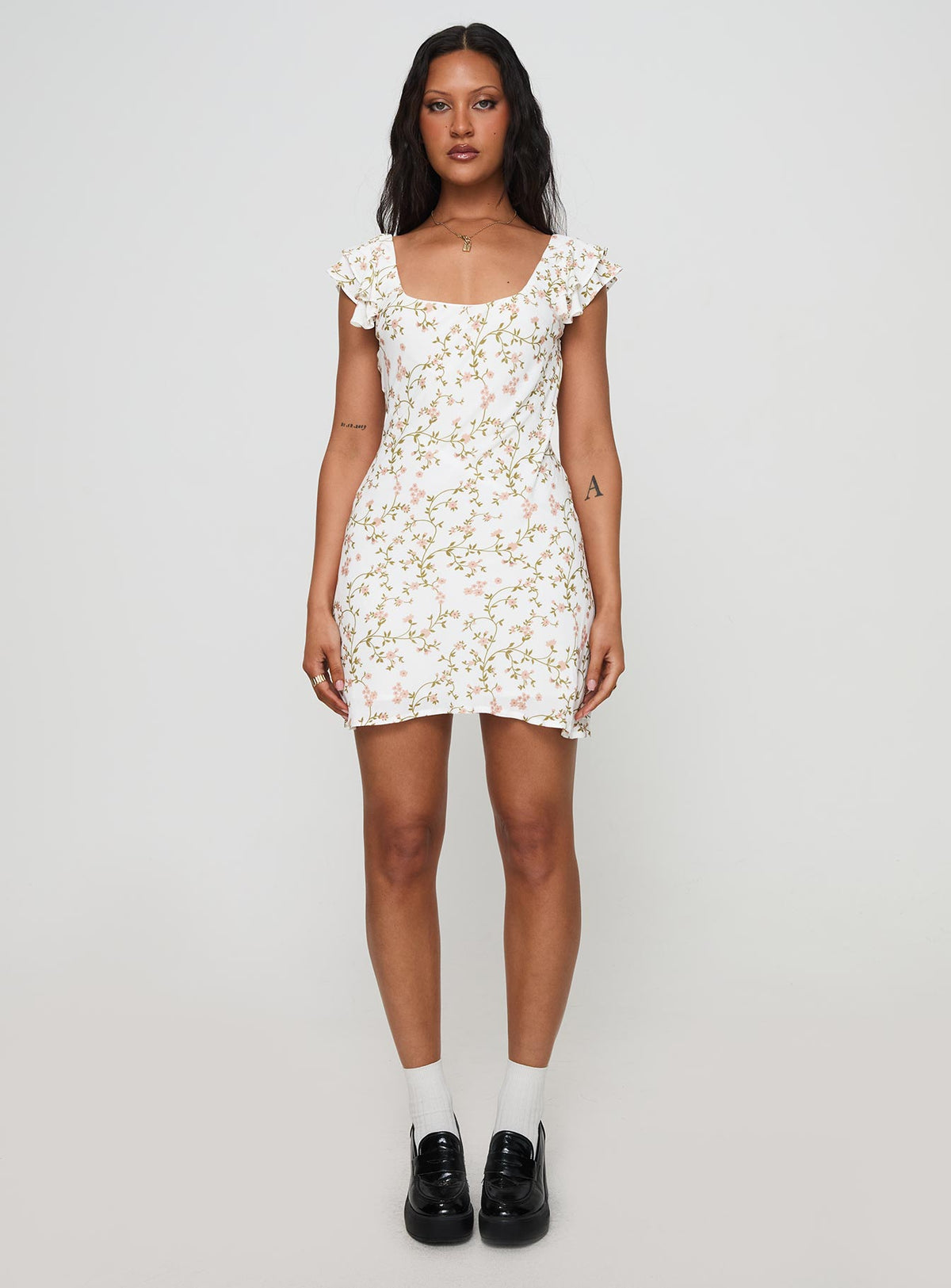 front view of model wearing Princess Polly Whitechapel Mini Dress Multi Square Neck 