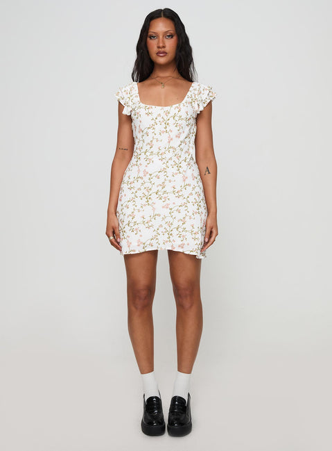 front view of model wearing Princess Polly Whitechapel Mini Dress Multi Square Neck 